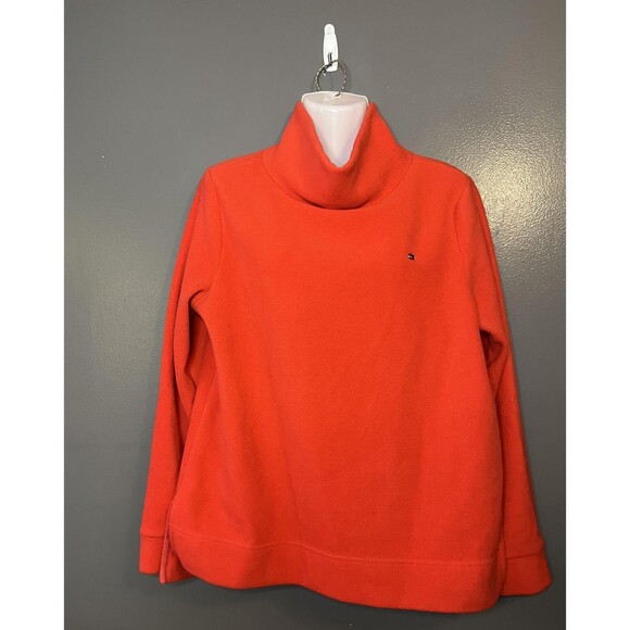 Tommy Hilfiger Sweater Womens Medium Red Fleece Cowl Neck Pullover Flag Logo - Picture 1 of 6